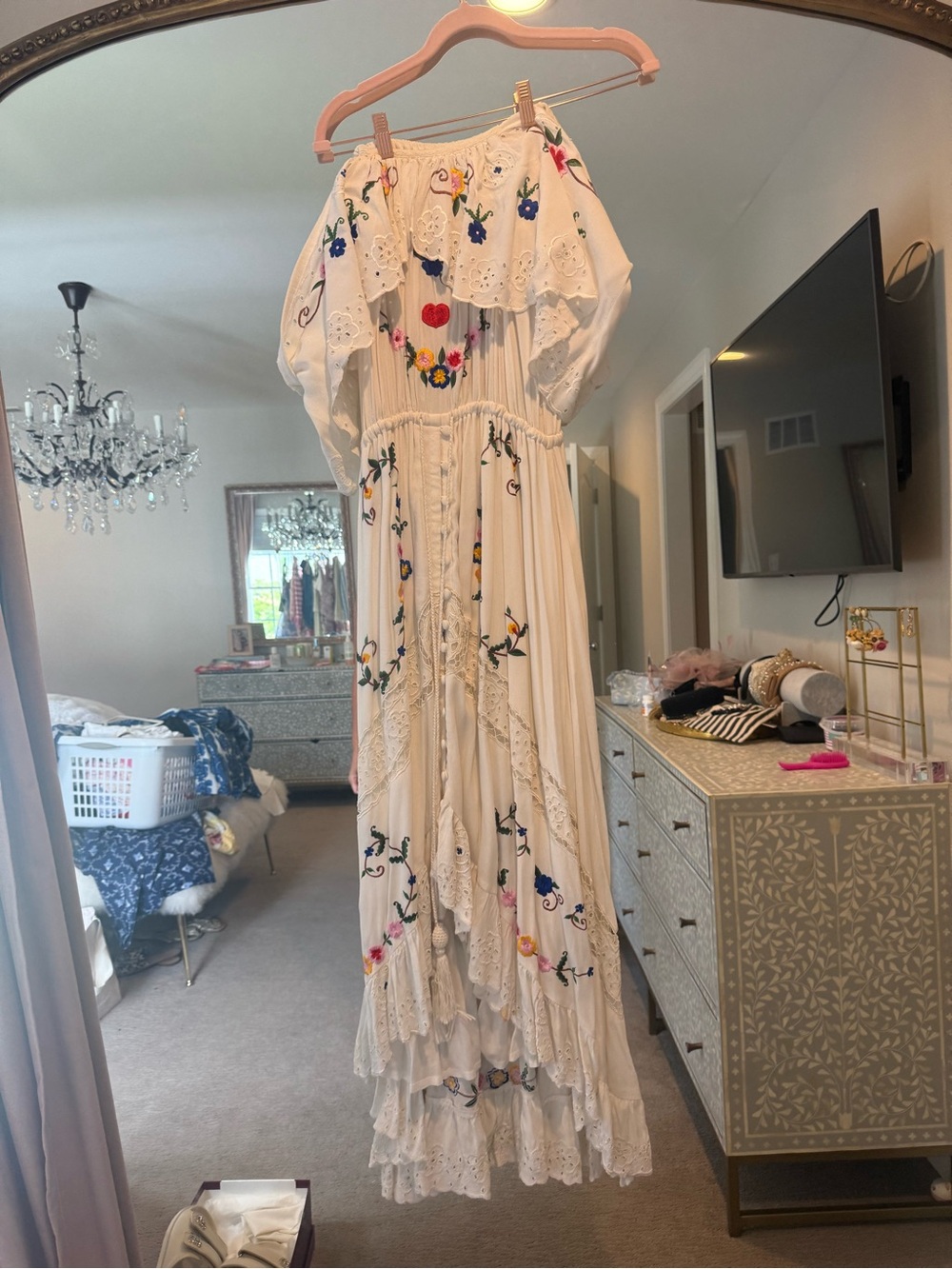 Fillyboo Cream Midi Dress with Multicolor Floral Embroidery